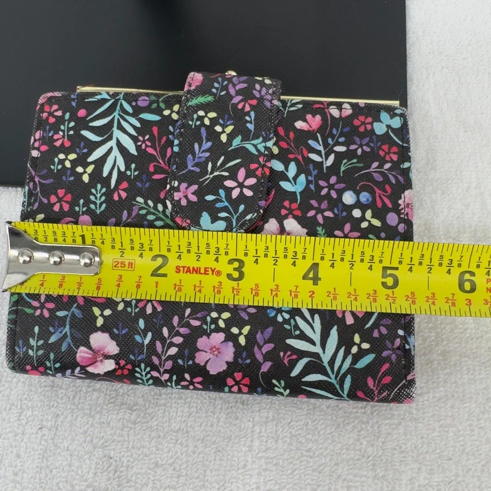 Vintage Buxton Floral Bifold Wallet Kiss Lock Coin Pouch Burgundy Interior Black
